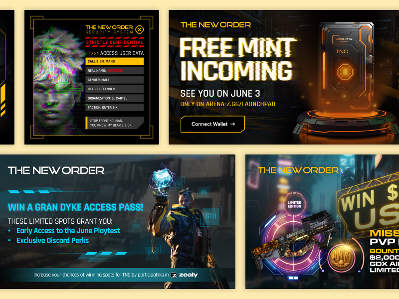 TNO campaign creatives — Free Mint launch, Gran Dyke Access Pass, NFT holder social posts